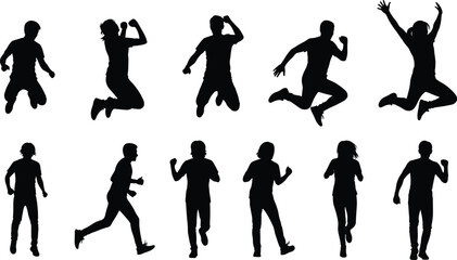Human silhouette illustration, jumping and running poses, dynamic movement, walking figures, black vector icons, motion study, animation design, active people