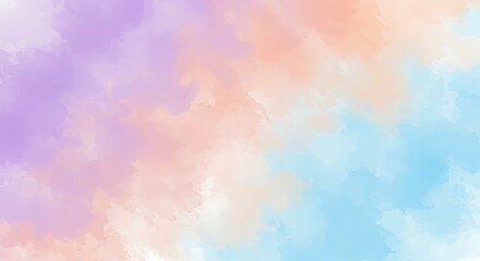 Soft abstract watercolor background with a dreamy blend of pastel purple, peach, and blue colors. Ethereal texture for artistic designs and tranquil visual projects.