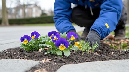 Fototapeta premium Gardener Planting Colorful Pansies in Flower Bed on Sunny Day