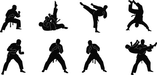 Martial arts silhouettes, fighter stances, grappling pose, high kick, throwing technique, combat action, self-defense moves, vector illustration, black graphic