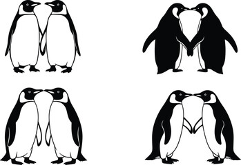 Obraz premium Penguin pairs, black and white, affectionate pose, flipper touch, beak contact, animal interaction, wildlife love, vector art, cute birds, silhouette illustration