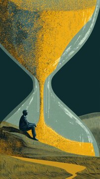 Giant hourglass with a man sitting inside the lower chamber, gazing upward thoughtfully as sand pours down from the upper chamber. Concept of fleeting time and life&rsquo;s limitations. 