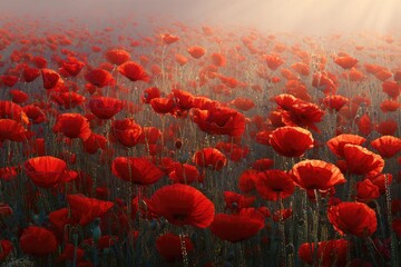 Sunlit field of vibrant red poppies