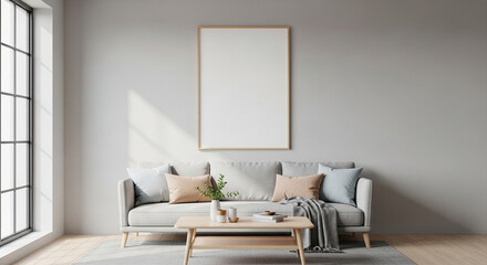 A bright and airy living room features a neutral color palette with a modern sofa, armchair, and a wooden coffee table, creating a comfortable and inviting atmosphere.