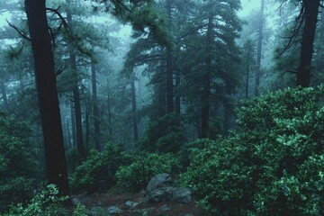 Misty forest scene, dense trees, muted colors