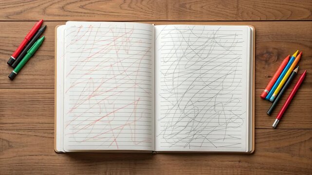 Colorful Pens and Pencils Surrounding Notebook Pages Filled with Scribbles and Lines Wooden Table Evoke Creativity and Inspiration