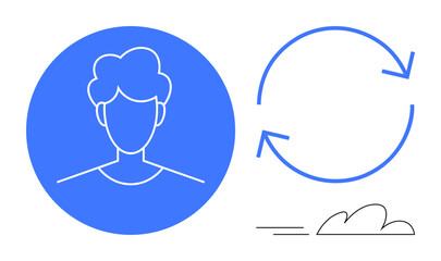 Minimalist user profile in blue circle, circular arrows for synchronization, and cloud outline. Ideal for online identity, networking, data sharing, cloud technology, software updates, connectivity