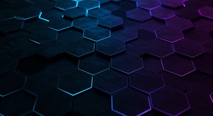Abstract futuristic background with a dark hexagonal grid pattern illuminated by glowing blue and purple neon lights