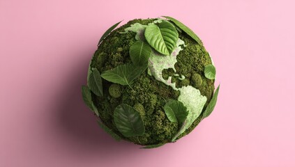 Moss globe with leaf accents represents Earth and nature