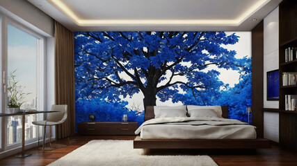 3D mural royal blue tree wallpaper 