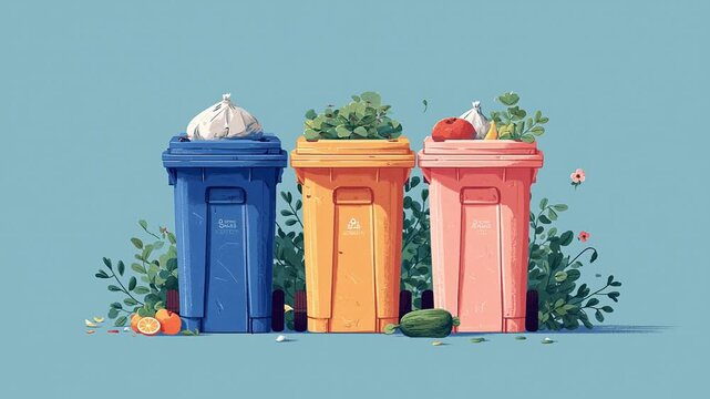Colorful Recycling and Waste Bins Illustration &ndash; Eco-Friendly Waste Management and Sustainability Concept