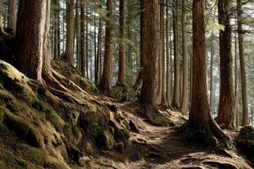 Forest path winding through towering trees