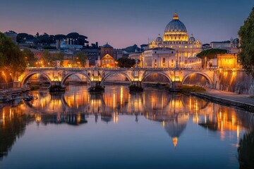 Fototapeta premium Rome's Vatican City at twilight, reflected on the Tiber