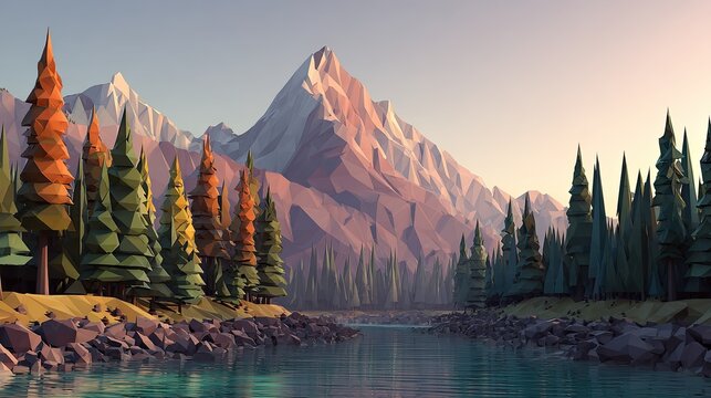 Low poly mountain landscape at dawn