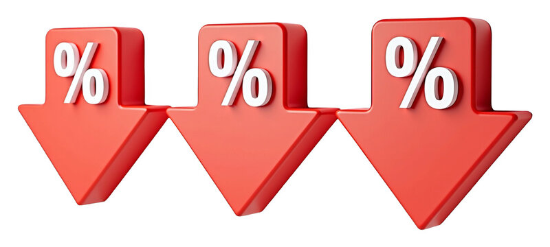 Decrease in percentage rates and financial reduction symbolized by red down arrows with percent sign isolated on transparent background