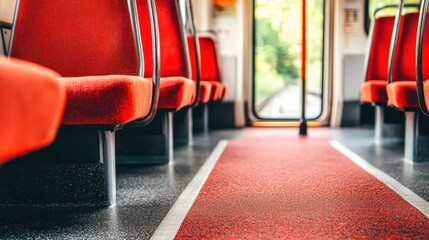 Inside a modern commuter train car with vibrant red seats and view outside the door