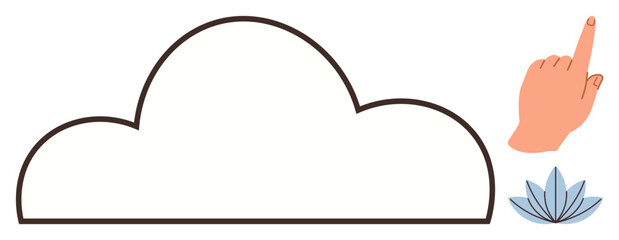 Cloud shape with raised finger gesture and blue lotus flower underneath. Ideal for mindfulness, creativity, wellness, spirituality, inspiration, meditation, and motivation themes. Simple flat