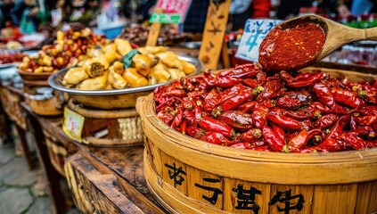 Fototapeta premium Dried red chilies and other preserved foods on market stalls