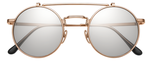 Round clip-on sunglasses with mirrored lenses and rose gold trim