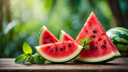 Juicy ripe watermelon slices and whole fruit on a wooden table outdoors with green foliage