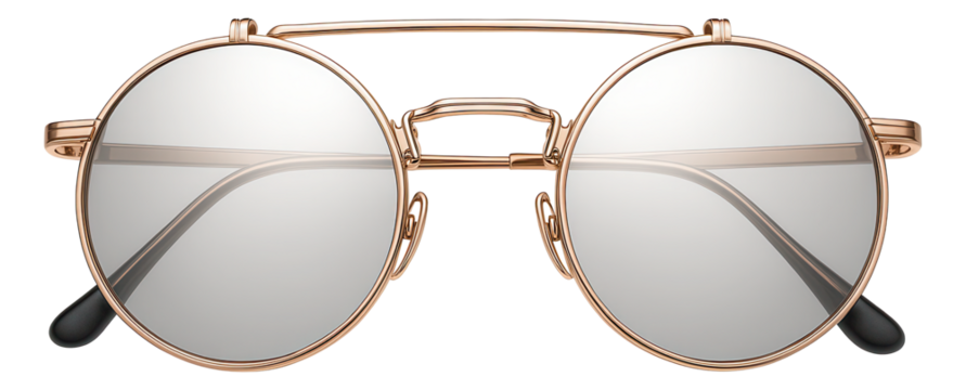 Round clip-on sunglasses with mirrored lenses and rose gold trim