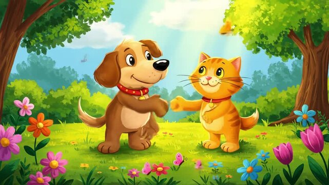 Funny vector cartoon illustration of a cat and dog character
