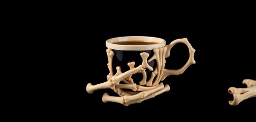 A skeletal hand delicately cradles a coffee cup crafted from bones against a stark black backdrop,  stylish,  halloween