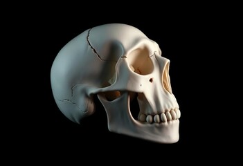A stark white skull against a deep black backdrop,  black background,  anatomy