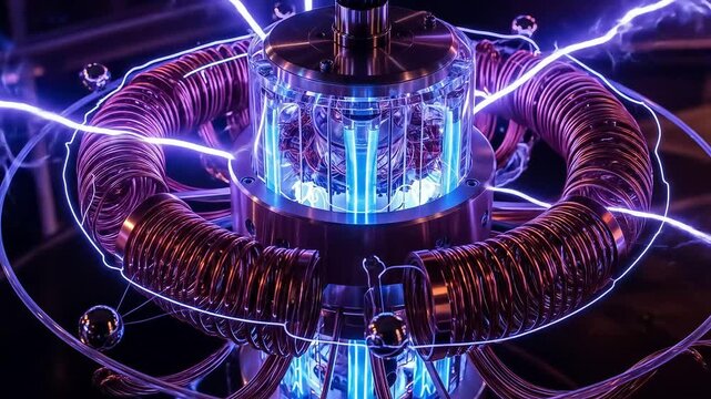 Electrified toroidal coil apparatus with glowing blue plasma