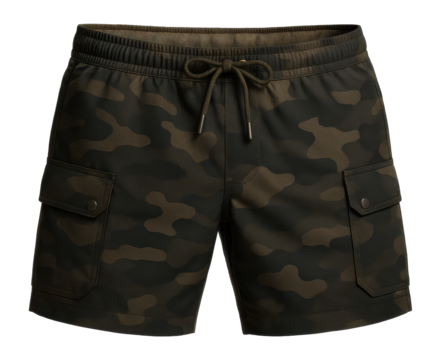 Men's swim board shorts in camouflage pattern with cargo pockets