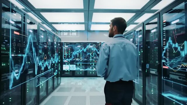 Man Observing Stock Market Data on Large Screens in a Modern Server Room