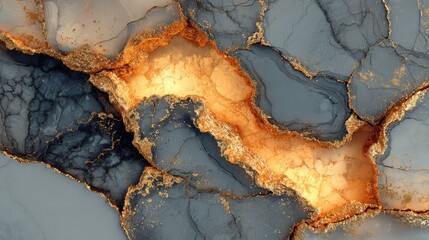 Fototapeta premium Abstract art depicting a crack in dark stone filled with gold