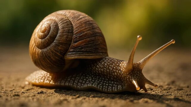 Snail mollusk shell close up on soil with natural light slow pace digital detox retreat calm animal nature peaceful environment relaxation