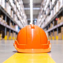 Orange hard hat rests on a yellow line in a warehouse aisle
