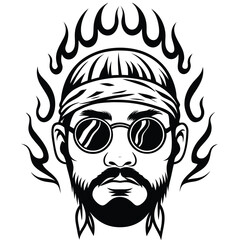 Bearded Man with Headband, Round Glasses and Flames on a White Background