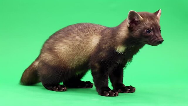Powerful Wolverine (Gulo gulo) captured in profile on a vibrant green studio background, showcasing its wild essence and unique fur.