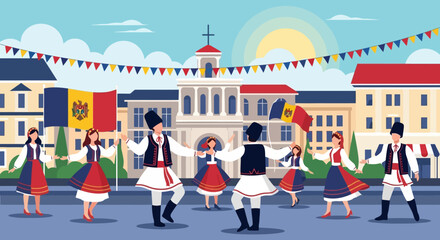 Joyful Moldovan dancers celebrate national heritage in vibrant folk costumes with flags flying high
