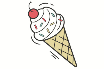 Cartoon Ice Cream Cone With Sprinkles and Cherry on Top on White Background