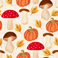 Seamless vector watercolor seamless pattern with pumpkins, mushrooms, autumn leaves. Perfect for Halloween, Thanksgiving, seasonal textiles and childrens products