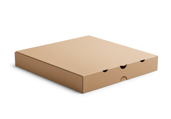 A closed brown cardboard pizza box sits at an angle against a white background