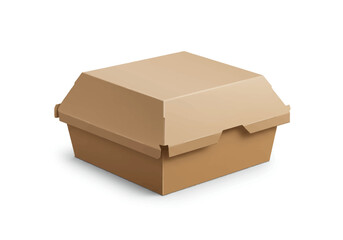 A closed brown takeout burger box casting a shadow sits against a white background