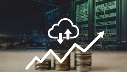 Cloud computing growth shows upward trend with server infrastructure and financial gains displayed visually