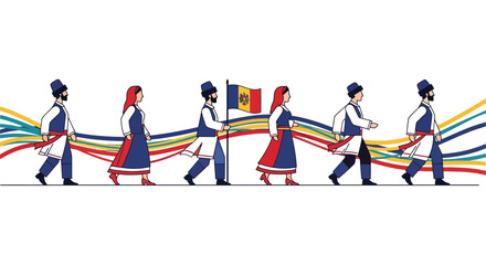 Moldovan people in traditional attire march proudly, carrying their nation's flag with colorful ribbons symbolizing unity and heritage.