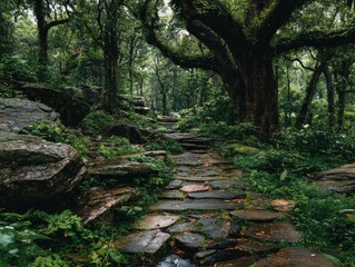 Obraz premium Stone path winds through lush, green forest, surrounded by large trees & rocks