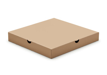 A closed square corrugated cardboard pizza box is displayed against a white background