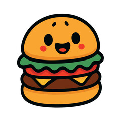 Adorable cartoon vector of a smiling cheeseburger with lettuce, tomato, cheese, and a beef patty. Perfect for restaurant branding, kids’ menu designs, food packaging, and playful graphic projects. 