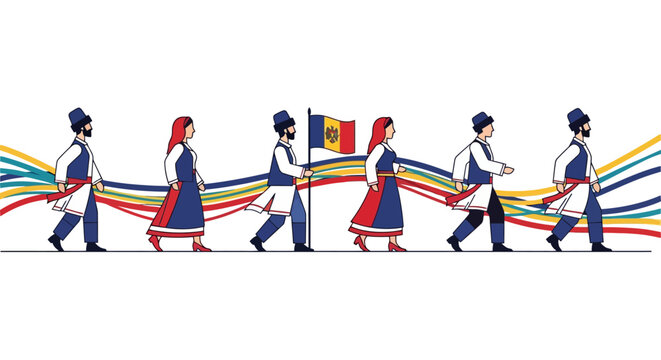 Moldovan people in traditional attire march proudly, carrying their nation's flag with colorful ribbons symbolizing unity and heritage.