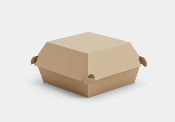 A closed tancolored disposable paper food box rests on a light gray surface casting a soft shadow
