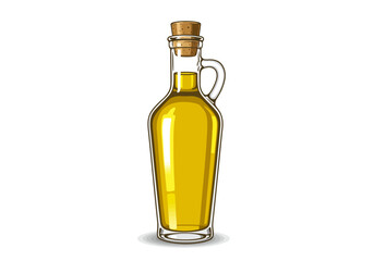 A glass bottle filled with yellow liquid sealed with a cork Has a handle and a reflective shine