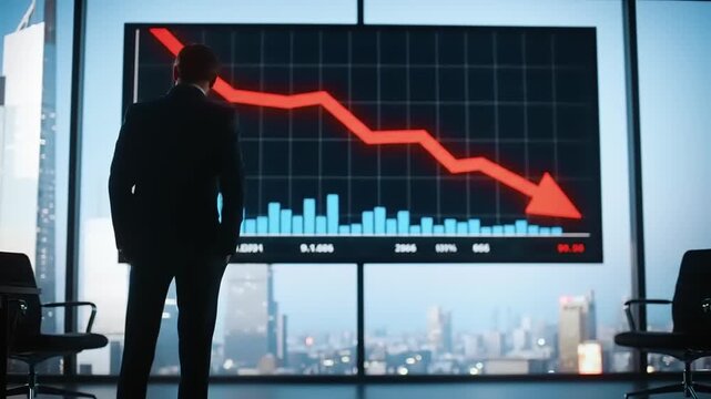 Businessman Watching Falling Stock Market Graph in Modern Office